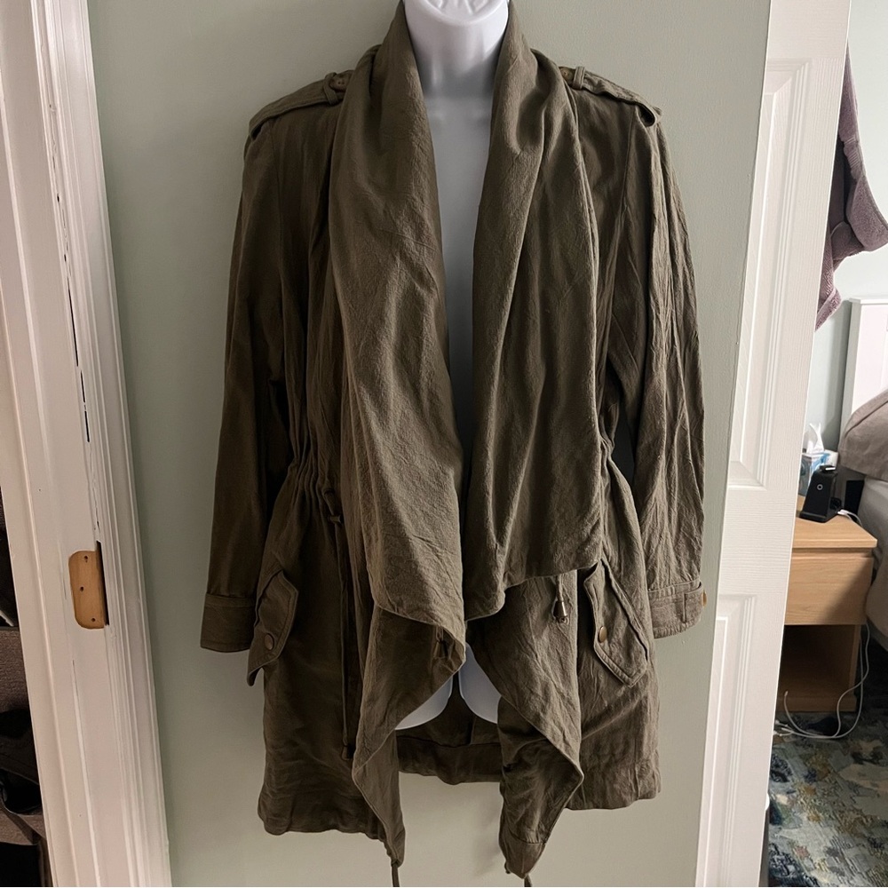 En Crème Linen Blend Cardigan Jacket; Olive Green